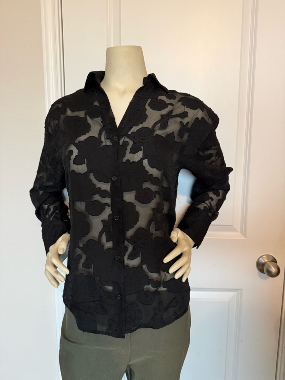 Francesca’s Black Floral Print Sheer Button Down Long Sleeve Blouse
